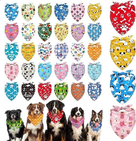 Dog Bandanas Bulk, Adjustable Cat Outfit, Pet Bibs Colorful Triangle Scarf Pet Bandanas for Medium Large Dogs Birthday Costume Decoration (30PCS_Classic)-PawvioPets