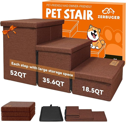 Dog Stairs with Storage 18" H, 3-Step Wider Dog Steps for Small/Medium/Large Old Dogs Cats, Folding Sturdy Pet Stairs Climbing Bed Couch, Ramp for Car Hold Up to 200 lbs (Brown, No Condo)-PawvioPets