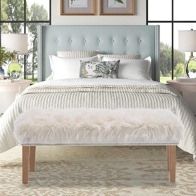46 Inch White Bedroom Bench, Modern Multi-Purpose Bench with Wooden Legs, Faux Fur Upholstered, 3-Seater, 220 lbs Weight Capacity-PawvioPets