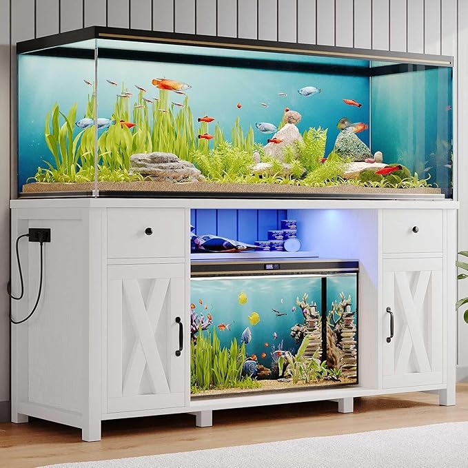 75 Gallon Fish Tank Stand with LED Light & Power Outlets, 55-75 Gallon Aquarium Stand with 2 Drawers & 2 Barn Doors, 52" L x 20" W Cabinet for 2 Fish Tank Accessories Storage, Turtle Tank, White-PawvioPets