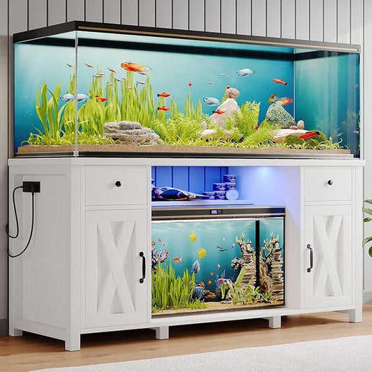75 Gallon Fish Tank Stand with LED Light & Power Outlets, 55-75 Gallon Aquarium Stand with 2 Drawers & 2 Barn Doors, 52" L x 20" W Cabinet for 2 Fish Tank Accessories Storage, Turtle Tank, White-PawvioPets