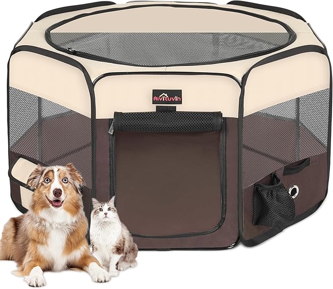 Aivituvin Dog Playpen, Foldable Pet Play Pens with Carrying Bag for Cat, Puppies, Rabbits, Portable Dog Tent Crates Cage for Travel Camping Indoor Outdoor, Removable Shade Cover, Brown S-PawvioPets