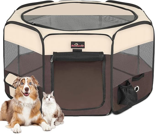 Aivituvin Dog Playpen, Foldable Pet Play Pens with Carrying Bag for Cat, Puppies, Rabbits, Portable Dog Tent Crates Cage for Travel Camping Indoor Outdoor, Removable Shade Cover, Brown S-PawvioPets