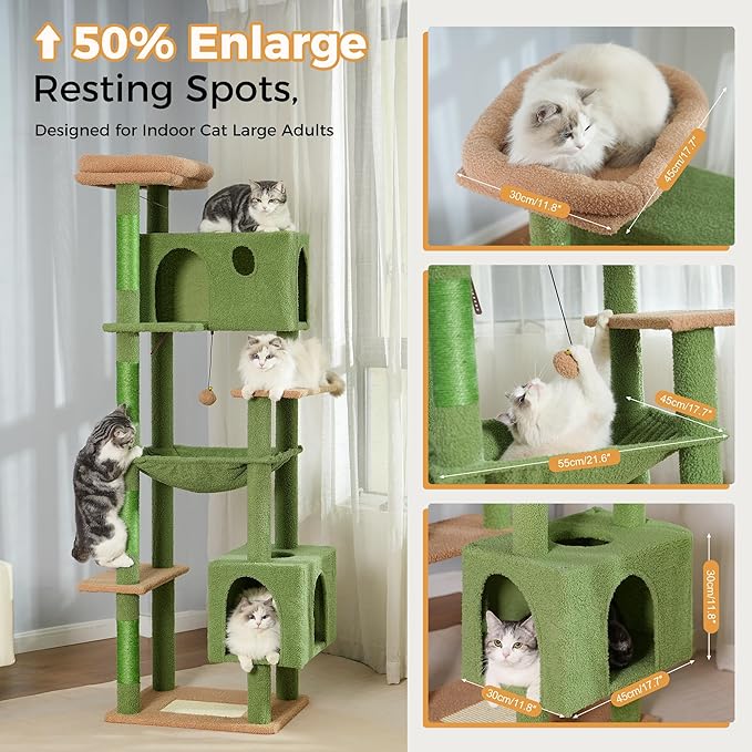 72” Cat Tree for Large Cats Big Cat Tower with Enlarged Hammock 21.6x17.7” Spacious Cats Condo House and Roomy Top Bed and Multiple Scratch Posts for Indoor Adult Cats (Green, XLarge-72)-PawvioPets