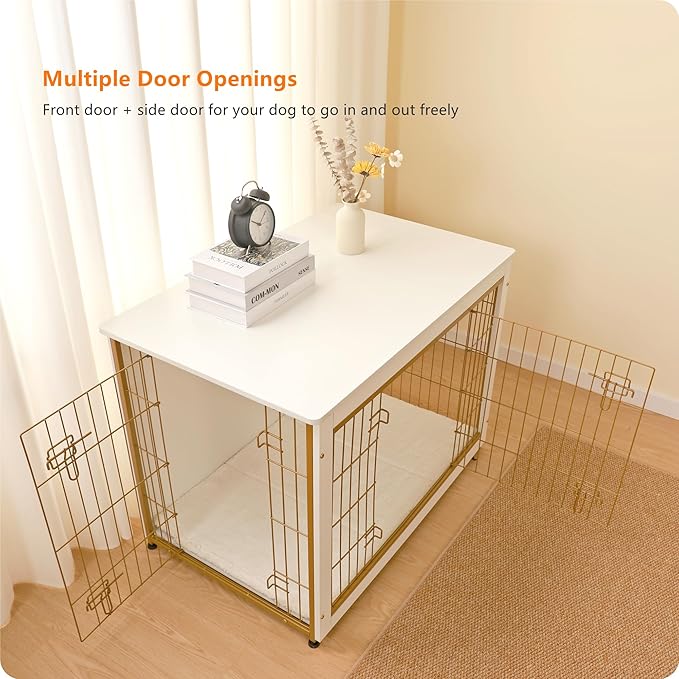 DWANTON Dog Crate Furniture with Cushion, Wooden Kennel Table with Double Doors, Indoor Dog House, Large Size, 38.5" L, White-PawvioPets