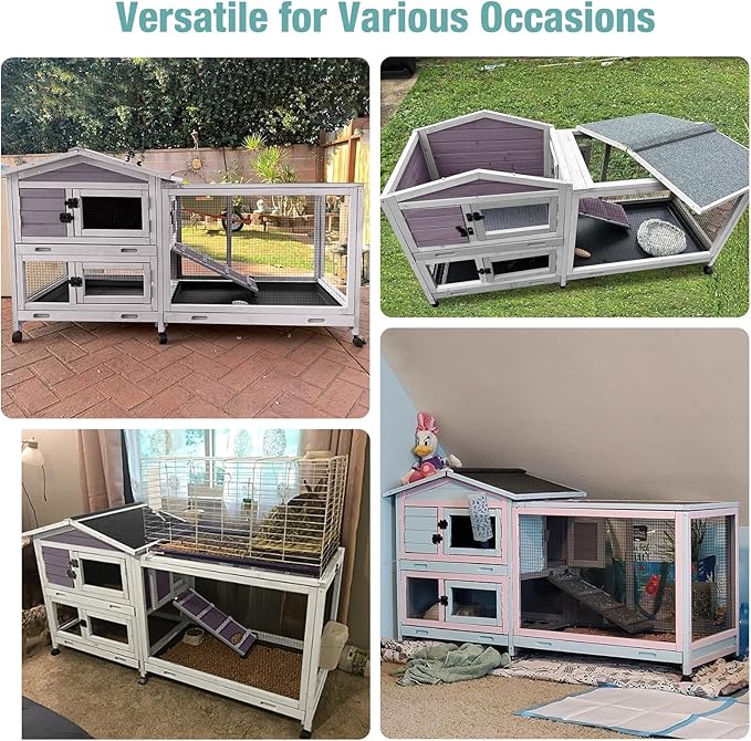 62" Rabbit Hutch with Chew-Proof Ramp & Waterproof Roof - Indoor/Outdoor Bunny Cage, 2-Story Design, 6 Lockable Caster Wheels & Dual Pull-Out Trays (Grey)-PawvioPets