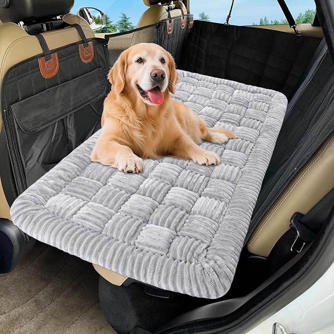 Dog Car Bed Mat, Non-Slip Backseat Extender Pet Blanket, Plaid Dog Bed for Trucks, Sedans & Large SUVs, Chew-Resistant Travel Pad for Dogs, Easy Clean & Scratch-Proof & Comfort（56"x28.7" Light Gray-PawvioPets