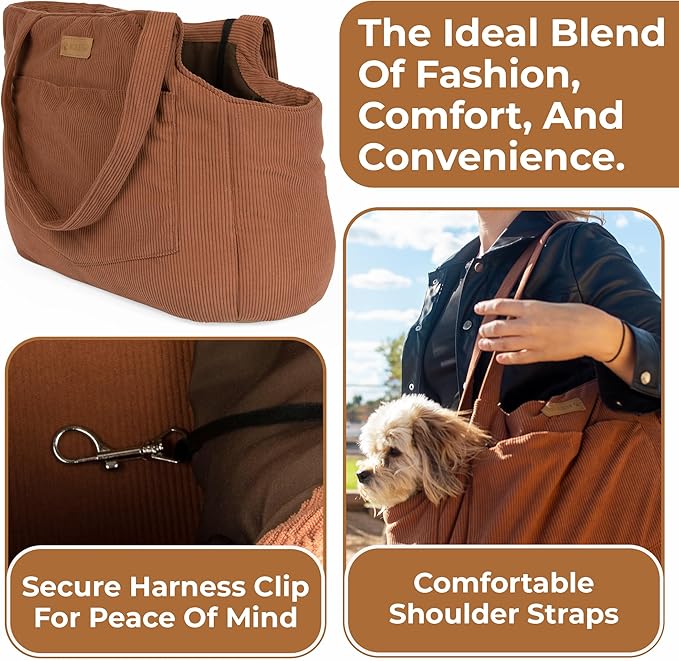 Corduroy Dog Carrier - Lightweight Cotton Soft-Sided Pet Tote with Safety Harness Clip - Breathable Travel Carrier for Small Dogs and Puppies (Brown)-PawvioPets