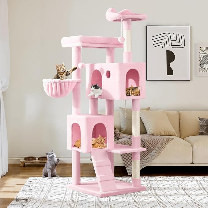 Allewie 64 Inches Cat Tree Tower/Multi-Level Activity Center for Indoor Big Felines/2 Plush Condos/2 Perchs/Basket/House/Sisal Scratching Posts/Hanging Cat Toys/Pink-PawvioPets