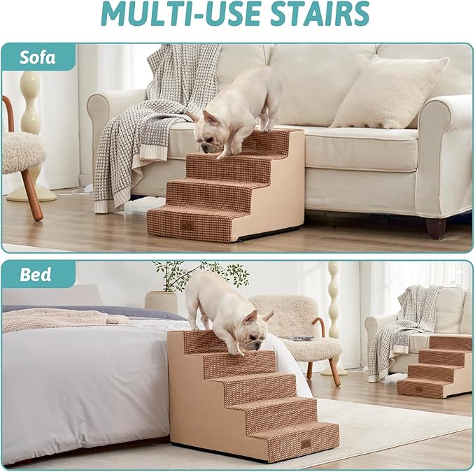 Dog Stairs for Small Dogs, 5 Tier Wider Pet Stairs for High Beds, 23.6" H Non-Slip Dog Steps for Old Cats, Puppies, Small Medium Dogs, 29.5x19.7x23.6 inch, Light Brown-PawvioPets