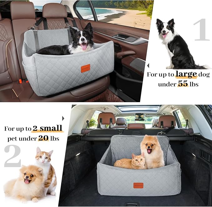 Dog Car Seat for Medium & Large Dogs Up to 55lbs, Memory Foam Cushion, Washable Cover, Safety Straps & Non-Slip Base(Grey,Large)-PawvioPets