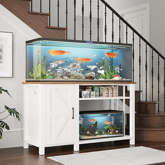 Aquarium Stand with Power Outlets, 55-75 Gallon Heavy Duty Fish Tank Stand with Cabinet Storage & Adjustable Shelf, for Fish Tank, Turtle Tank, Reptile Terrarium, 1000LBS Capacity, White-PawvioPets