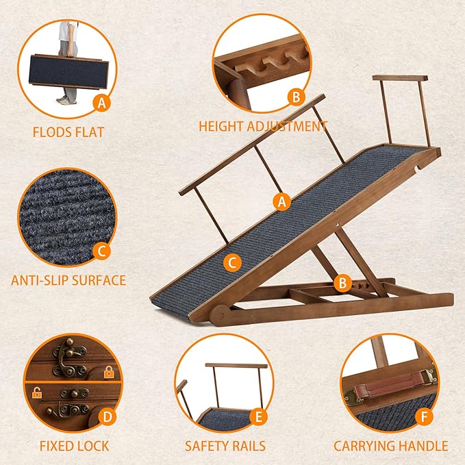 Dog Ramp for Bed, Pet Steps Stairs for Small and Large Dog Portable for Bed, Couch, Car, Height Adjustable, Anti-Slip Traction Mat, Support up to 210 lbs (Black, LENTH-55.1IN)-PawvioPets