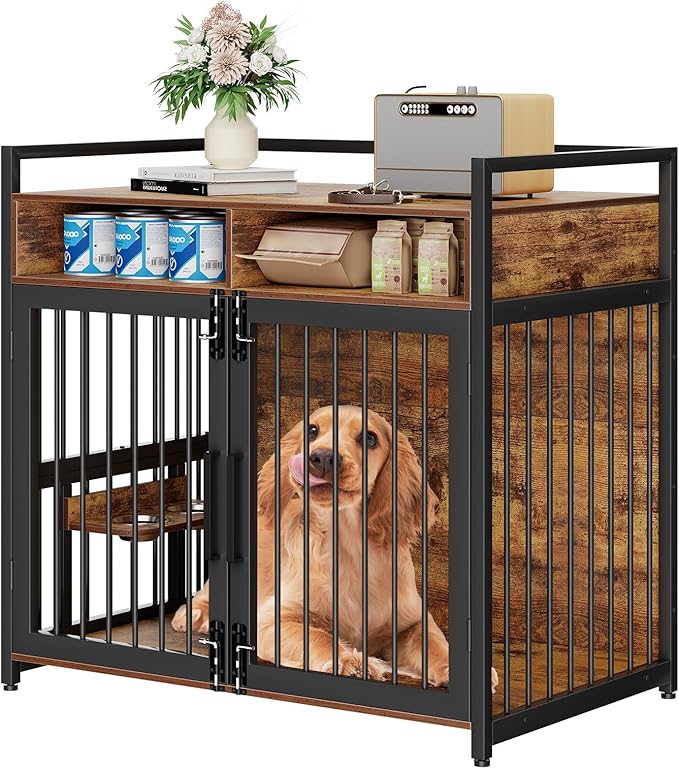 Furniture Style Dog Crate with Storage, 48 Inch Dog Crate Furniture with Double Doors, 2 Stainless Steel Bowls, Dog Crate Furniture-Style Crate for Large/Medium Dog-PawvioPets