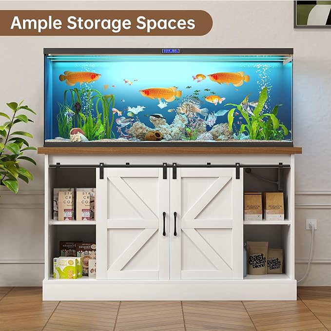 55-75 Gallon Fish Tank Stand with Sliding Barn Doors & Power Outlet, Heavy Duty Aquarium Stand with Cabinet Storage for Fish Tank, Turtle Tank, Reptile Terrarium, 1000LBS Capacity, White-PawvioPets