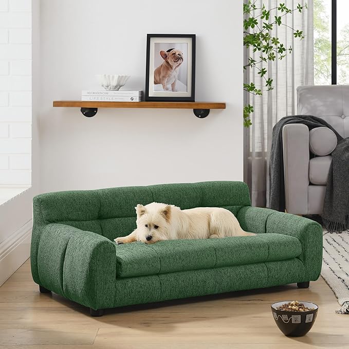 Dog Couch Bed, Mini Sofa for Dogs with Backrest and Armrest, Durable Pet Sofa with Soft Foam Cushion, Elevated Dog Couch Bed with Legs for Medium and Large Dogs, Emerald Green-PawvioPets
