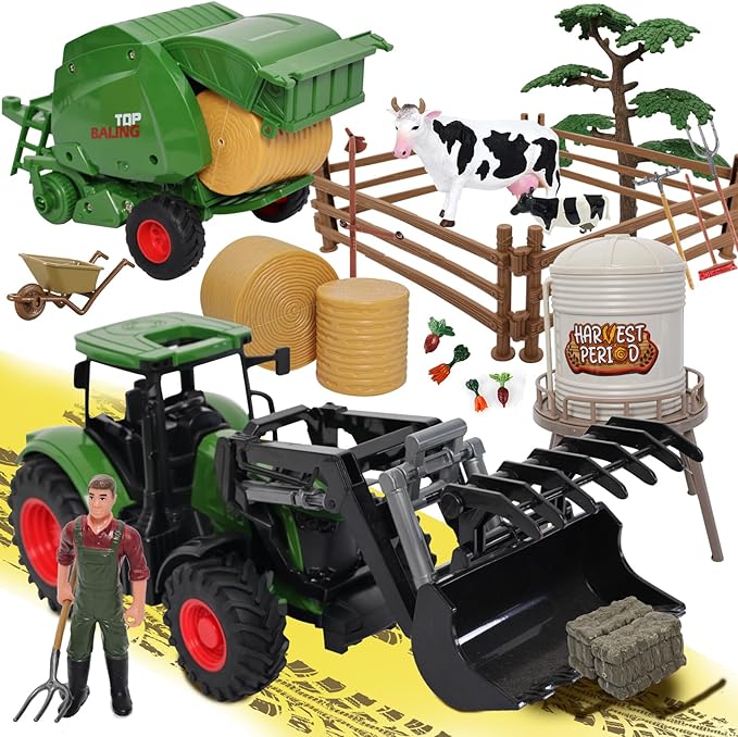 Farm Tractor Toys Set Bale Haying Round Baler with Barn Farmer,Cow,Farm Tools,Tree Farm Tractor Pla yset for Kids Toddler Boys Girls Ages 3-7 Years-PawvioPets