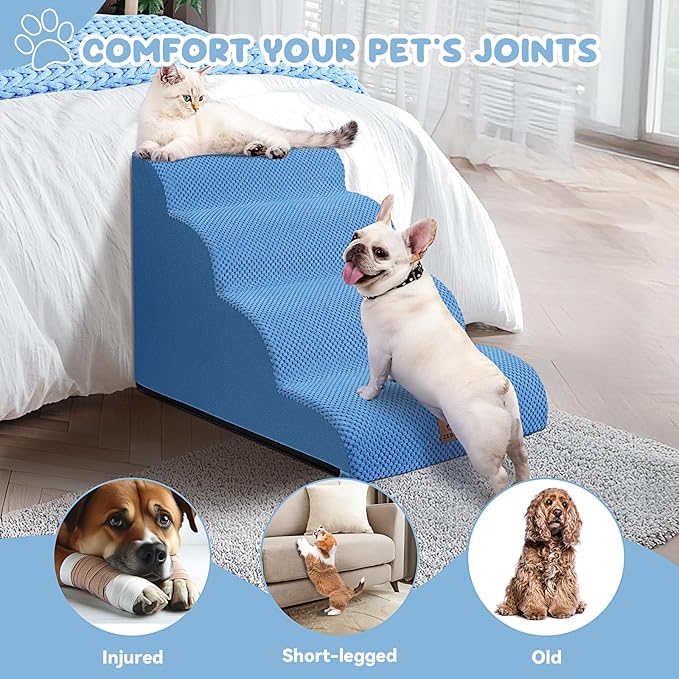 Dog Ramp and Stair for Bed 16" H-20 H,3-Step Cat Stair for Sofa and Chair,4-Step Dog Ramp for High Bed and Window,Durable Nonslip Fabric Cover for Indoor (Blue-20“H, Pet Friendly, 4)-PawvioPets