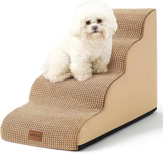 Dog Stairs for Small Dogs 19.7" H, Curved Dog Step for Puppy, Older or Cat, Medium Pet Ramp for Sofa, Couch or Bed, Ladder with High Density Foam, 15.7x28.3x19.7 inch, 4 Step, Light Brown-PawvioPets