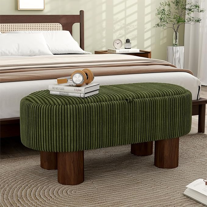 Bench with Storage 43 inch, Upholstered Corduroy Farbic Green Oval Footrest with Hidden Storage, Stool Modern Design Legs for Bedroom, Living Room, and Entryway Furniture Ottoman-PawvioPets