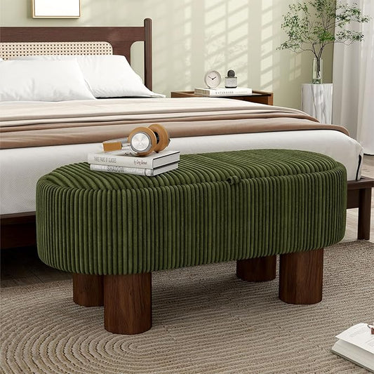 Bench with Storage 43 inch, Upholstered Corduroy Farbic Green Oval Footrest with Hidden Storage, Stool Modern Design Legs for Bedroom, Living Room, and Entryway Furniture Ottoman-PawvioPets
