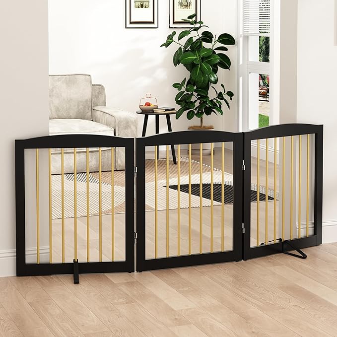 Freestanding Pet Gate for Dogs, Foldable Wooden Dog Gate for House, Indoor Dog Gate for Doorways, Stairs, Step Over Pet Puppy Safety Fence, Support Feet Included,24" Height 3 Panels,Black&Gold-PawvioPets