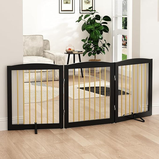 Freestanding Pet Gate for Dogs, Foldable Wooden Dog Gate for House, Indoor Dog Gate for Doorways, Stairs, Step Over Pet Puppy Safety Fence, Support Feet Included,24" Height 3 Panels,Black&Gold-PawvioPets