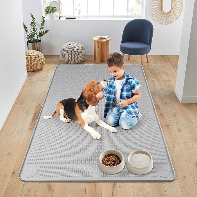 Dog Food Mat, Extra Large 50" x 35" Silicone Pet Feeding Mat with Raised Edge Pet Placemat for Small, Medium, and Large Pets Non-Slip, Easy to Clean (Grey)-PawvioPets