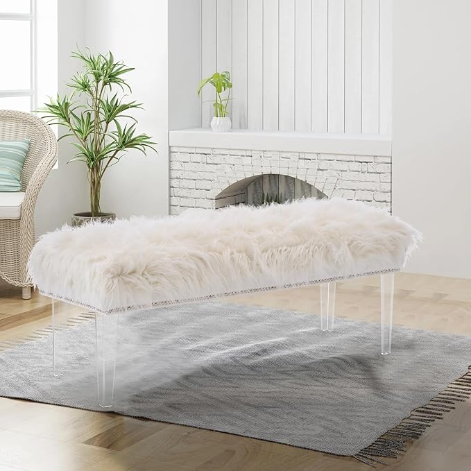 46 Inch White Bedroom Bench, Benches for Bedroom White Faux Fur Upholstered Bed end Bench, Tufting Ottoman Bench Indoor Bench with Acrylic Legs for Living Room Bedroom Entryway-PawvioPets