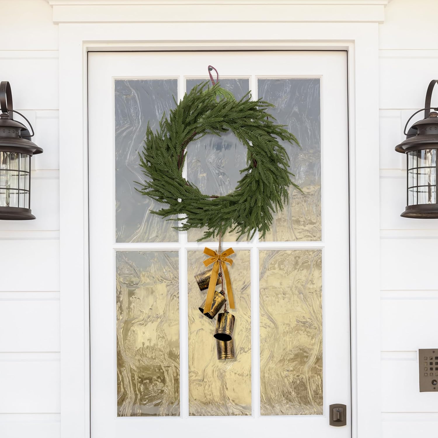 2 Pcs 6FT Christmas Garlands Norfolk Pine Garland - Real Touch Winter Pine Garland, Artificial Norfolk Tree for Indoor Outdoor Holiday Decor, Fireplace Mantel, Door, Porch (Yellow Bell)