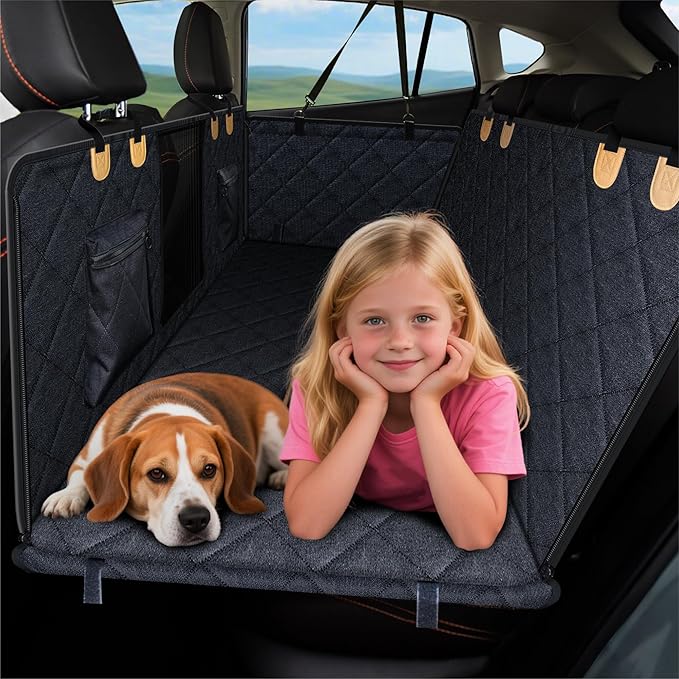 Back Seat Extender for Dog, Waterproof Dog Car Seat Cover for Back Seat, Hard Bottom Car Seat Cover, Large-Space Hammock for Car Truck SUV, Pet Seat Cover Holds 450lbs(Black)-PawvioPets