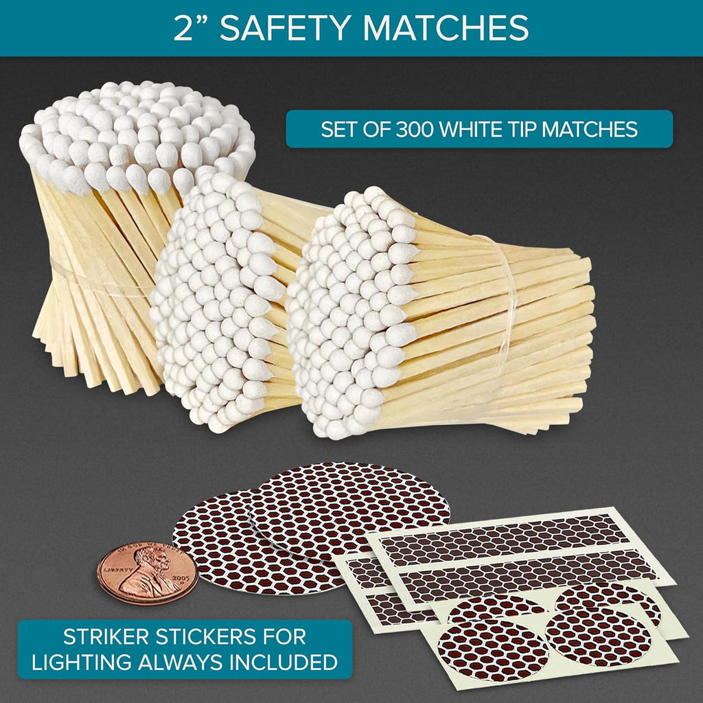2" Classic White Tip Safety Matches | 300+ Bulk Artisan Matchsticks with Bumble Striker Stickers by Thankful Greetings | Decorative Candle Accessories | Unique & Fun for Home Decor, Gifts, & Events