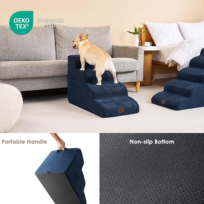 EHEYCIGA Curved Dog Stairs Ramp for High Beds 19.7" H, 4-Step Dog Steps for Small Dogs and Cats, Pet Stairs for High Bed Climbing, Non-Slip Balanced Pet Step Indoor, Navy-PawvioPets