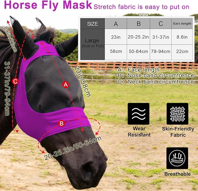 2 Piece Horse Fly Mask with Ears, Comfortable Fit Stretch Fabric Big Eye Space Soft Breathable with UV Protection for Full Horses (Purple-Gray)-PawvioPets