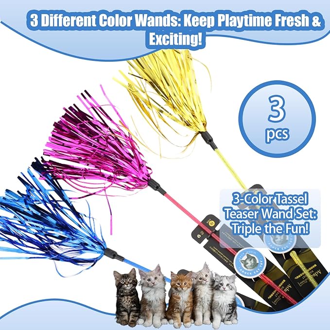 ADUCK Interactive Cat Teaser Wand Toy with Tassels - Durable Cat Chaser for Indoor Kitten Exercise, Boredom Relief & Training Play, Pack of 3 (Gold, Blue, Pink)-PawvioPets