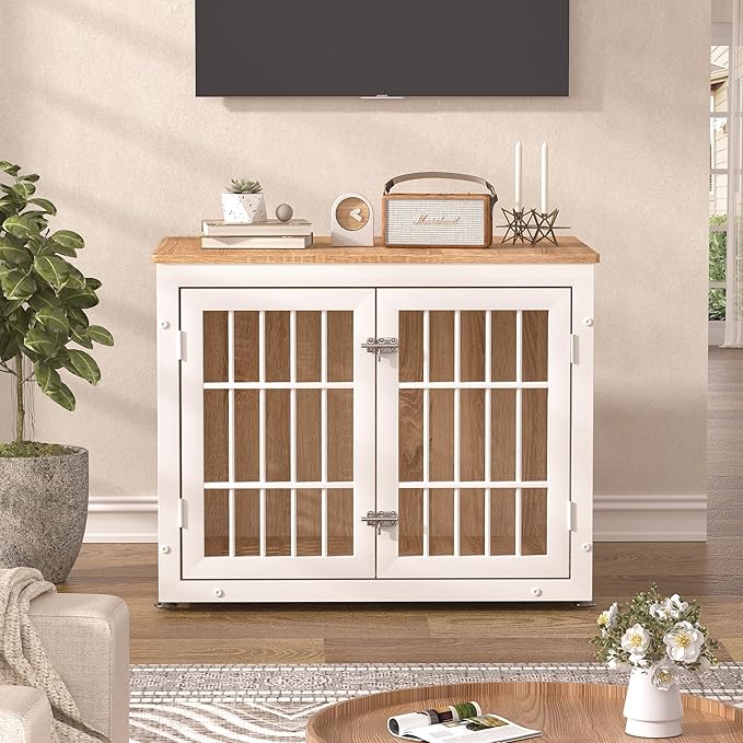 32" Heavy Duty Dog Crate Furniture for Small and Medium Dogs, Metal Kennel for High Anxiety Dogs, Chew Proof Pet Cage Indoor, Decorative Dog Kennel End Table, White-PawvioPets