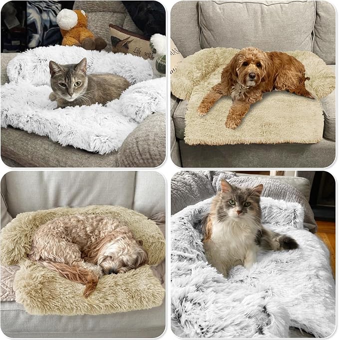 Calming Dog Bed Fluffy Plush Dog Mat for Furniture Protector with Removable Washable Cover for Large Medium Small Dogs and Cats (XS (31"x23.5"x5"), Beige)-PawvioPets