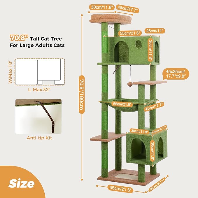 72” Cat Tree for Large Cats Big Cat Tower with Enlarged Hammock 21.6x17.7” Spacious Cats Condo House and Roomy Top Bed and Multiple Scratch Posts for Indoor Adult Cats (Green, XLarge-72)-PawvioPets
