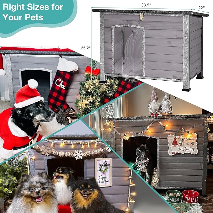 Feral Dog House Outdoor,Anti Bite Iron Frame Dog Kennel,Wood Warm Pets Home,Insulated Weatherproof Outside Shelter for Feral Animal (33.5"(L)×22"(W)×25.2"(H)-Grey-in)-PawvioPets