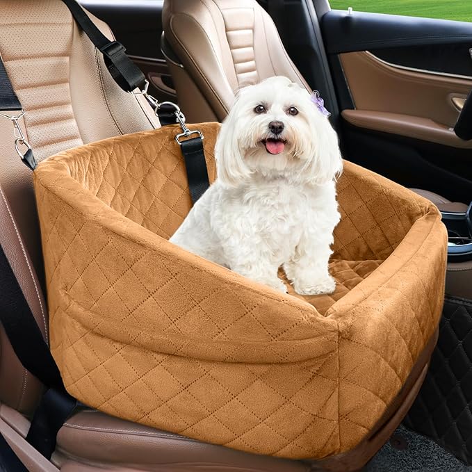 Dog Car Seat for Small Medium Dogs,Detachable Washable Dog Booster Seat Under 30lbs,Pet Car Seat Travel Bed with Storage Pockets and Dog Safety Belt（Brown-PawvioPets