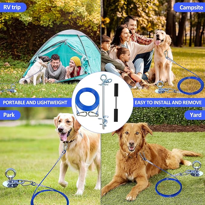 Dog Tie Out Cable and Stake,45FT Heavy Duty Cable,360°Swivel Dog Run- No Tangle,Runner for Yard- Up to 150LBS,Ideal for Outdoor Camping-PawvioPets