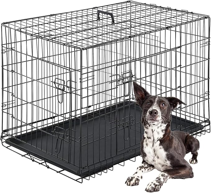 FDW Dog Crate for Large Dogs 42 Inch Folding Metal WirePet Cage Double Door W/Divider Panel Indoor Outdoor Kennel Leak-Proof Plastic Tray,Black-PawvioPets