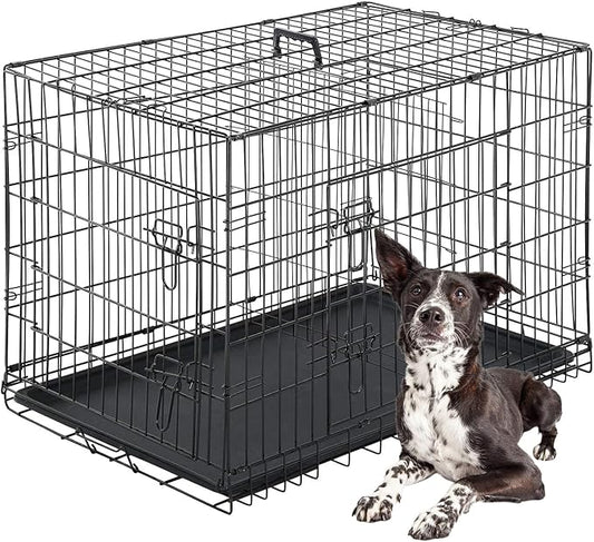 FDW Dog Crate for Large Dogs 42 Inch Folding Metal WirePet Cage Double Door W/Divider Panel Indoor Outdoor Kennel Leak-Proof Plastic Tray,Black-PawvioPets