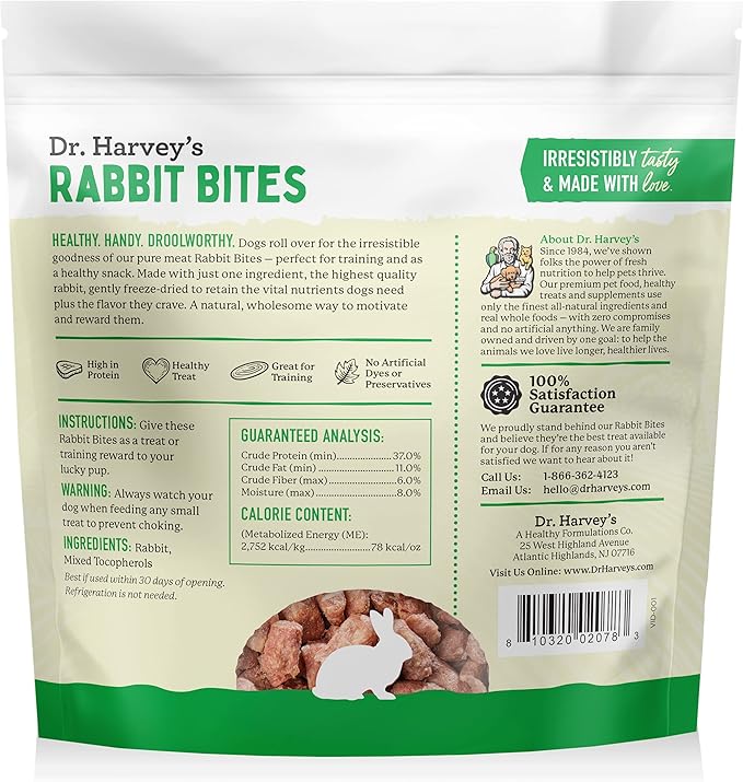 Dr. Harvey's Rabbit Bites Freeze-Dried Raw Dog Treats - Single Ingredient, All-Natural Rabbit Meat Protein for Dogs, Allergen-Free - 7 Ounces (3 Pack)-PawvioPets