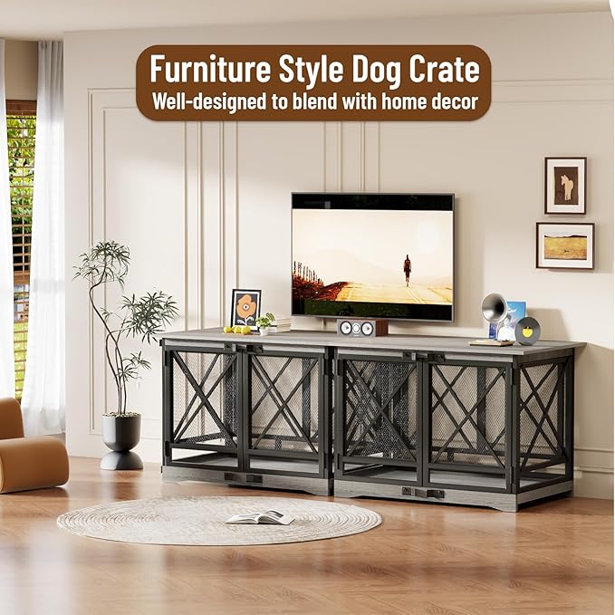 COZPAW Large Dog Crate Furniture - 48 inch Heavy Duty Dog Kennel Indoor for XLarge Breed with Double Doors, Wooden Dog Cage XL Modern Decorative End Table Pet House (Gray)-PawvioPets