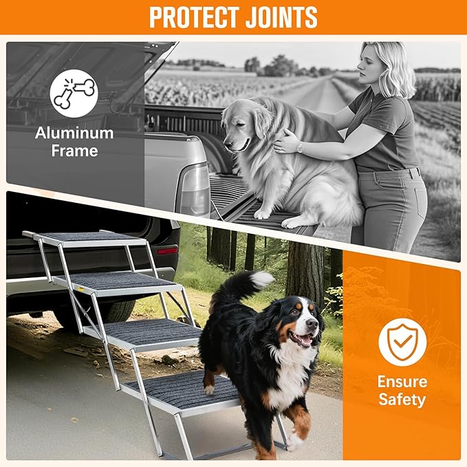 20" Extra Wide Dog Ramp, 4-Step Foldable Pet Stairs with Non-Slip Carpet - Lightweight Aluminum for SUV/Truck/Car & High Beds - Supports Large Dogs up to 200Lbs-PawvioPets