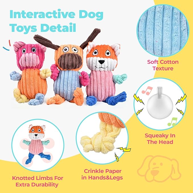 3pcs Dog Squeaky Toys, Plush Stuffed Puppy Chew Toy for Extended Play, Interactive Toys Gifts for Small Medium Large Chewer Dogs, Pet Toy Bulk to Keep Them Busy(Dog&Fox&Pig)-PawvioPets