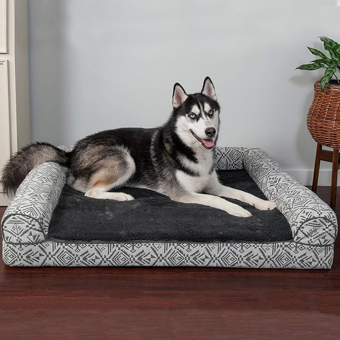 Furhaven Orthopedic Dog Bed for Large Dogs w/ Removable Bolsters & Washable Cover, For Dogs Up to 95 lbs - Plush & Southwest Kilim Woven Decor Sofa - Boulder Gray, Jumbo/XL-PawvioPets