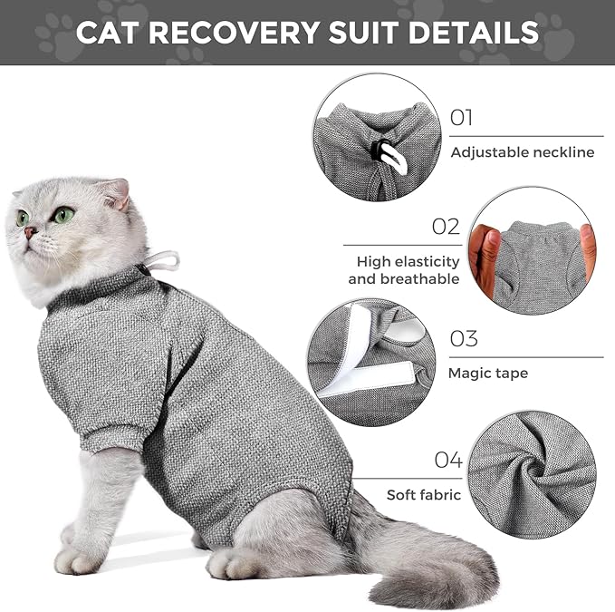 Dotoner Cat Surgery Recovery Suit for Female Male Anti-Licking Pet Surgical Pajamas Long Sleeve Prevent Shedding Cat Spay Recovery Suit&E Collar Alternative Bodysuit for Cats-PawvioPets
