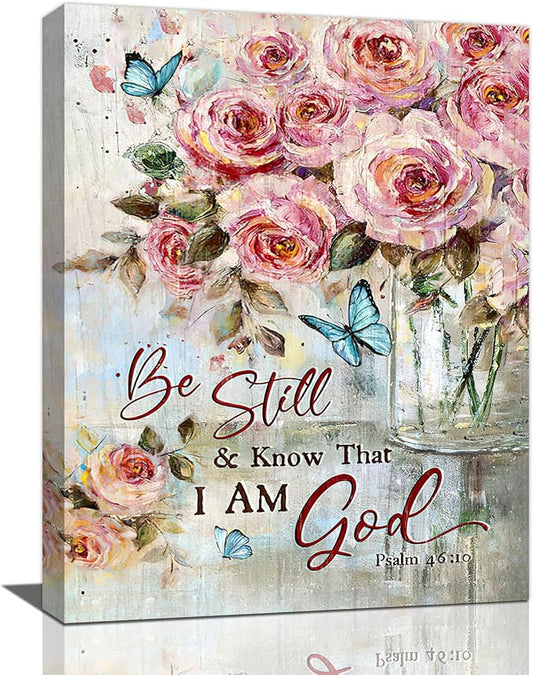 Farmhouse Rose Wall Art Christian Scripture Pictures Pink Rose Wall Decor Rustic Floral Butterfly Canvas Print Painting Artwork for Bathroom Living Room Bedroom 12"x16"-PawvioPets